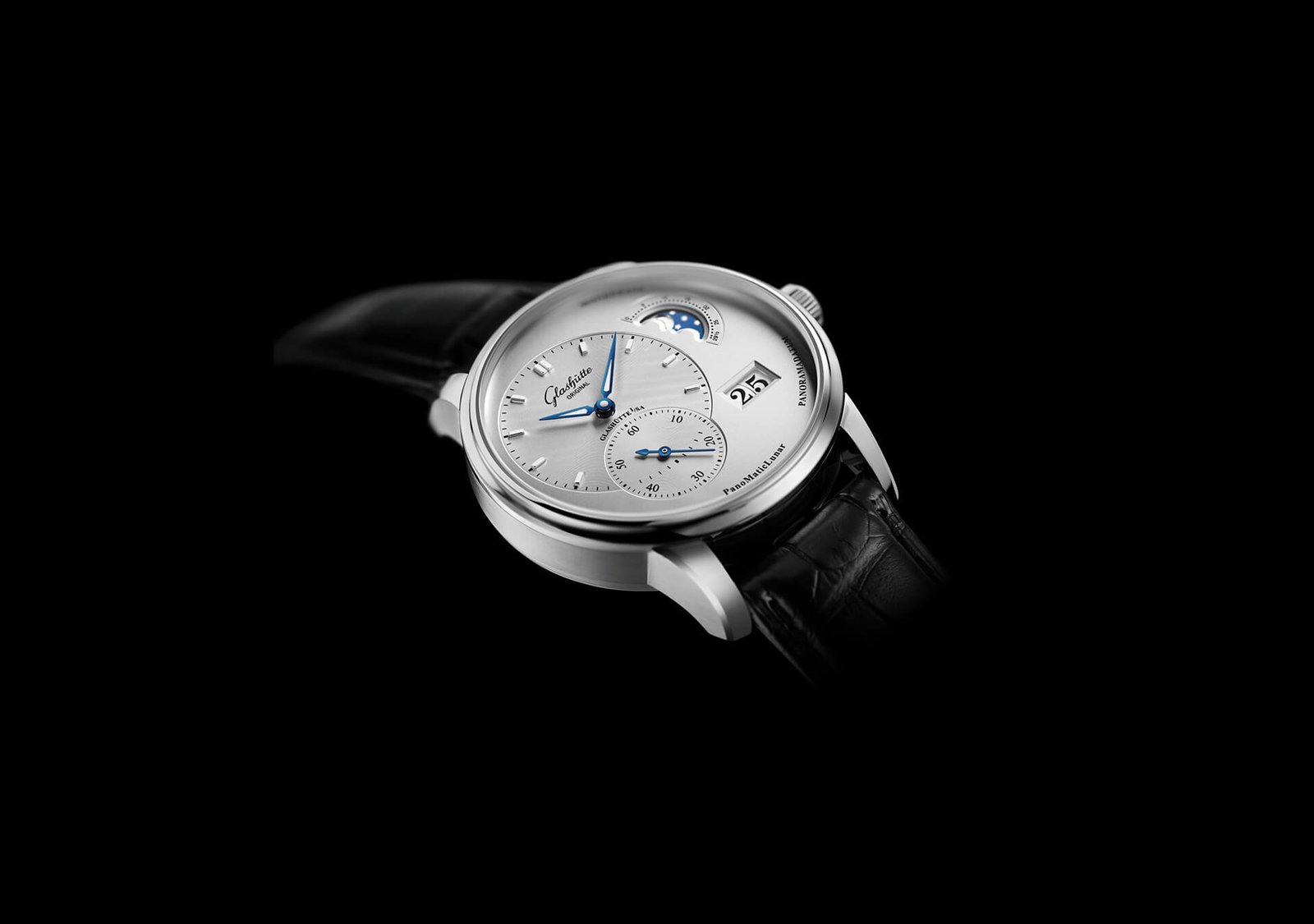 Silver-dial Glashütte Original PanoMaticLunar with a black leather strap.