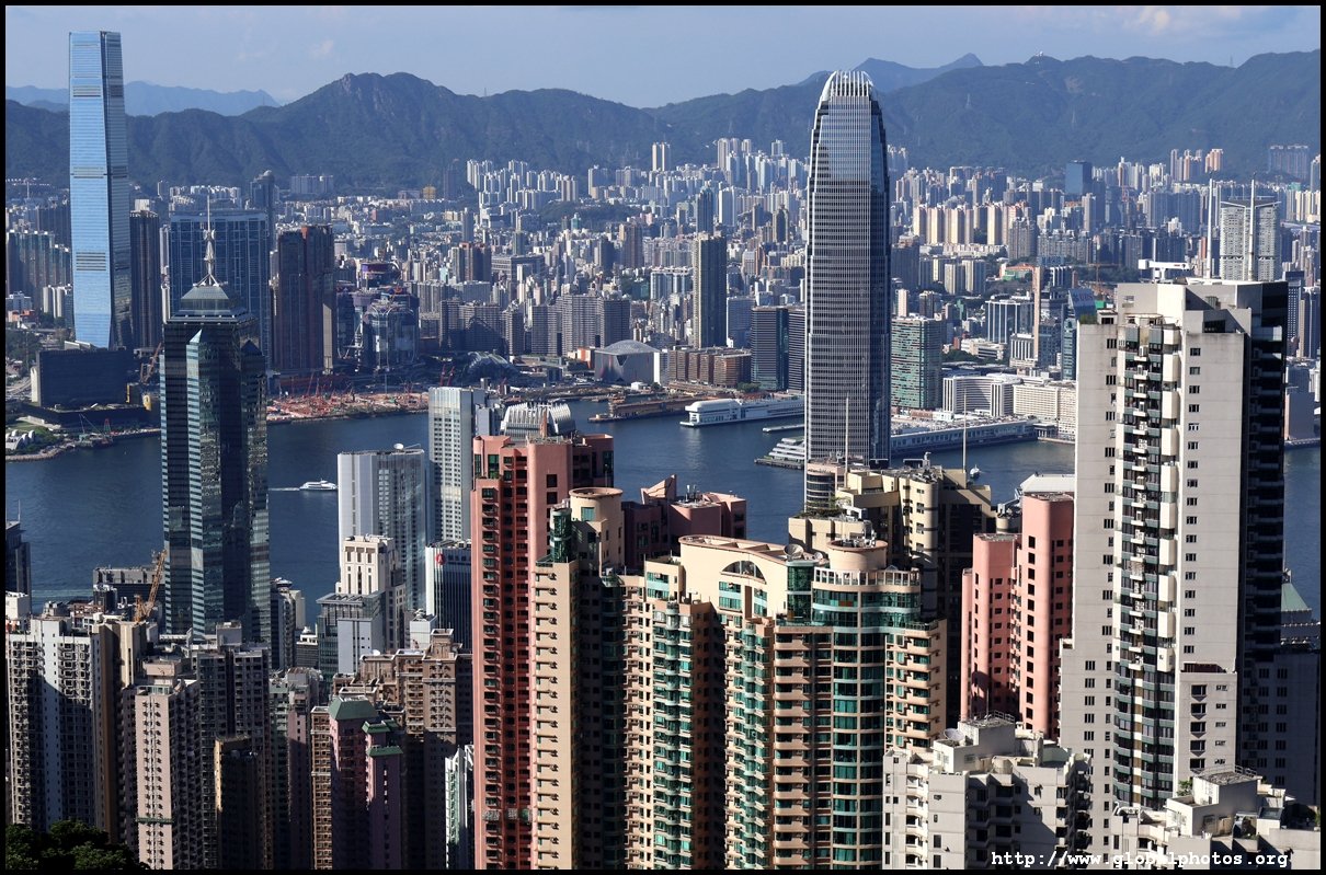 Hong Kong Island’s high-rise skyline and Victoria Harbour seen from the Peak.