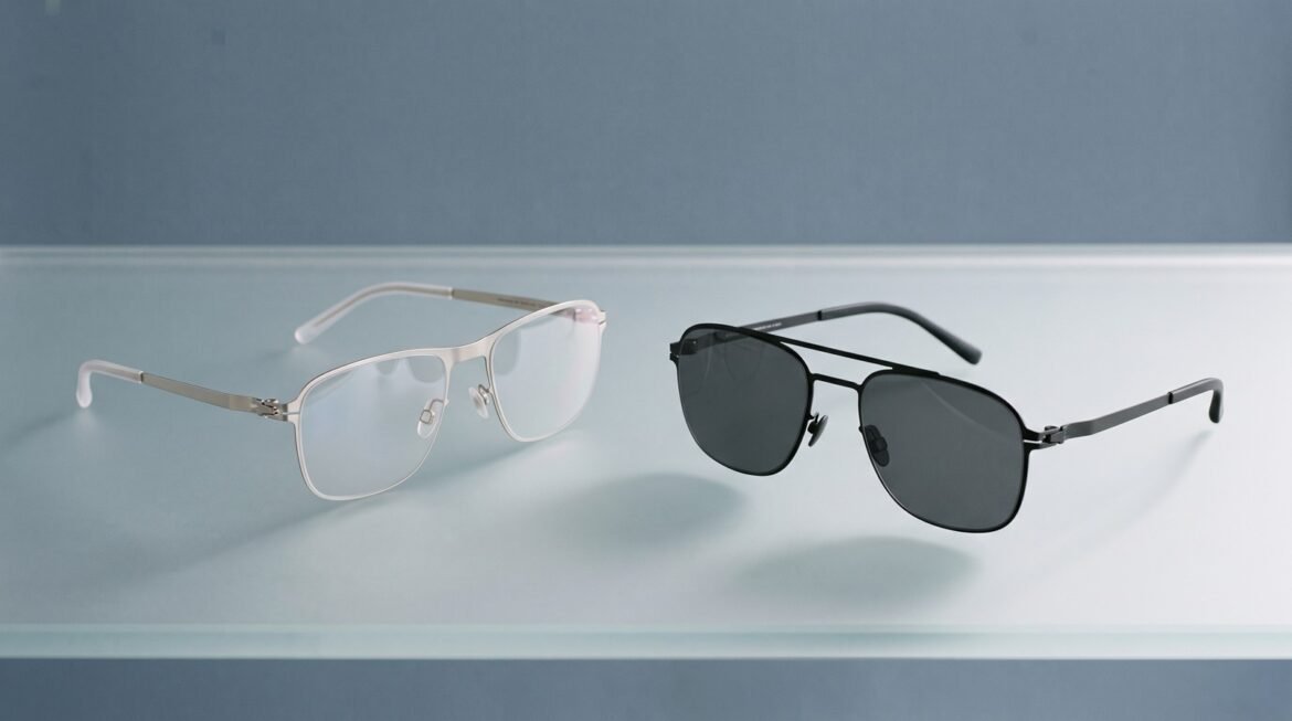 MYKITA matte-silver optical glasses and black metal sunglasses displayed on frosted glass with their thin frames and hinges visible.