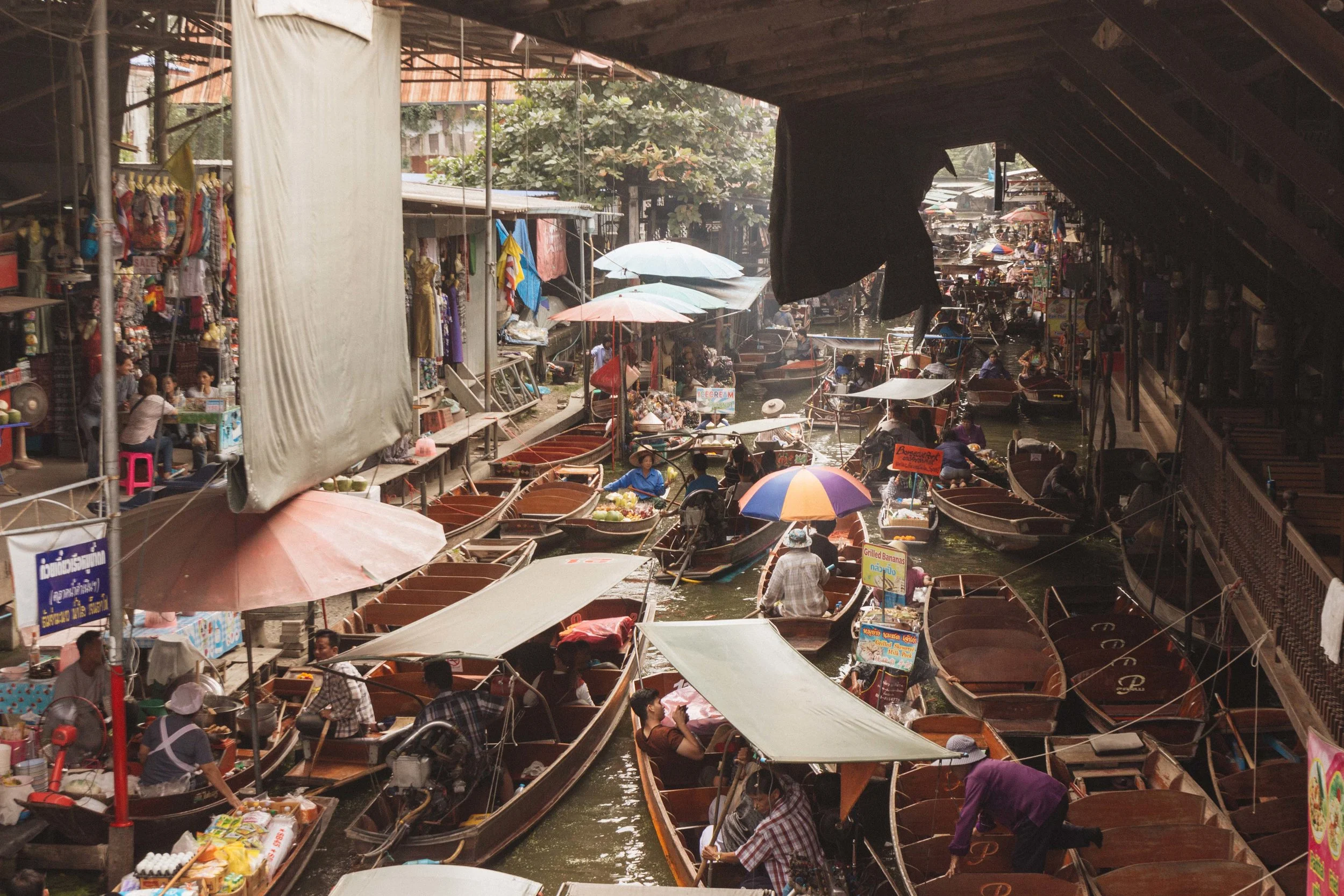 Elevated view of the covered floating-market canal.
