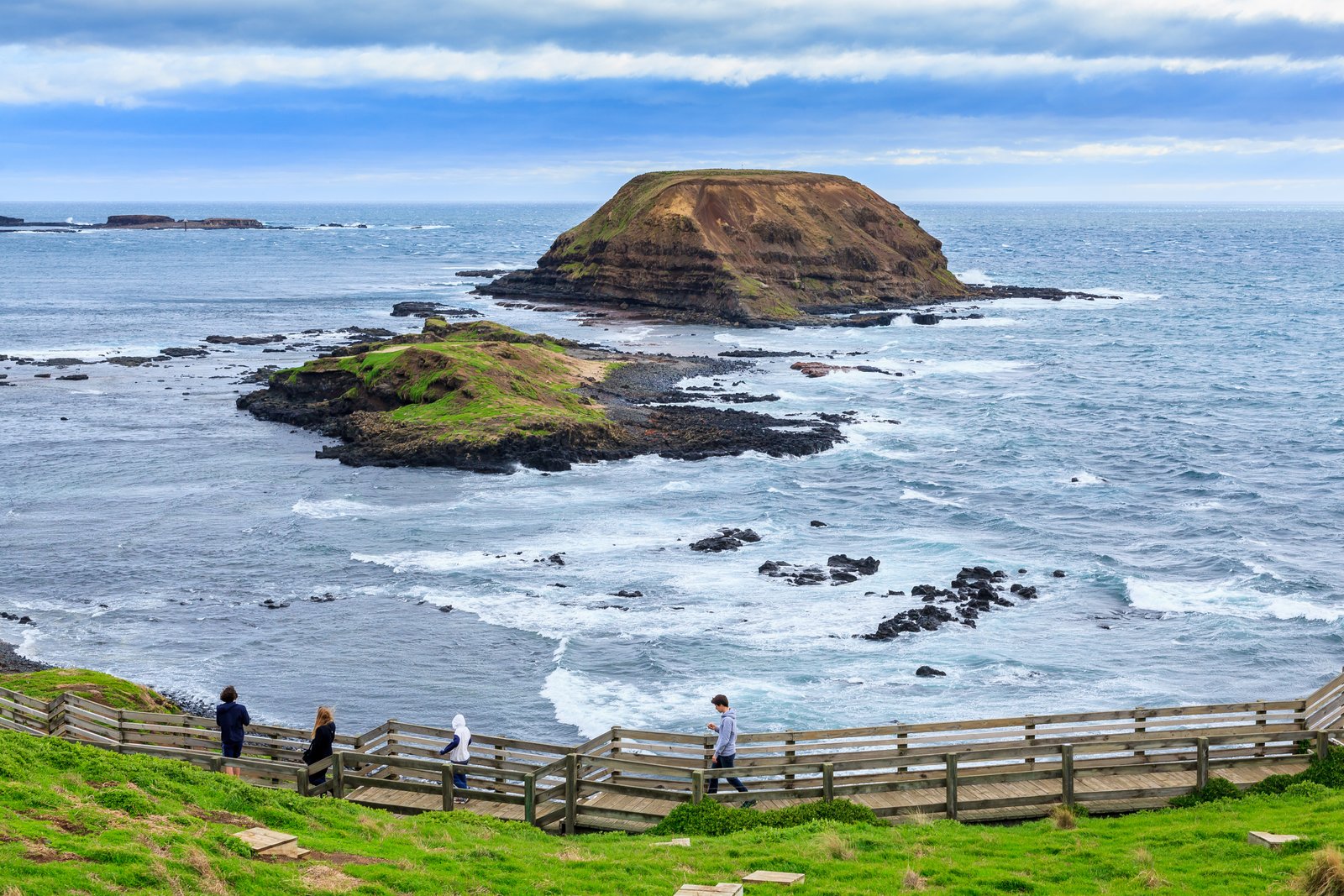 The Nobbies boardwalk and offshore rock formations.