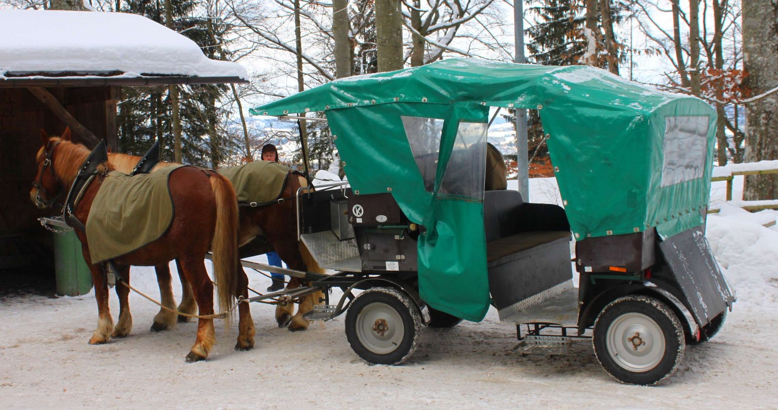 Horse-drawn carriages waiting in snowy Hohenschwangau below Neuschwanstein Castle.