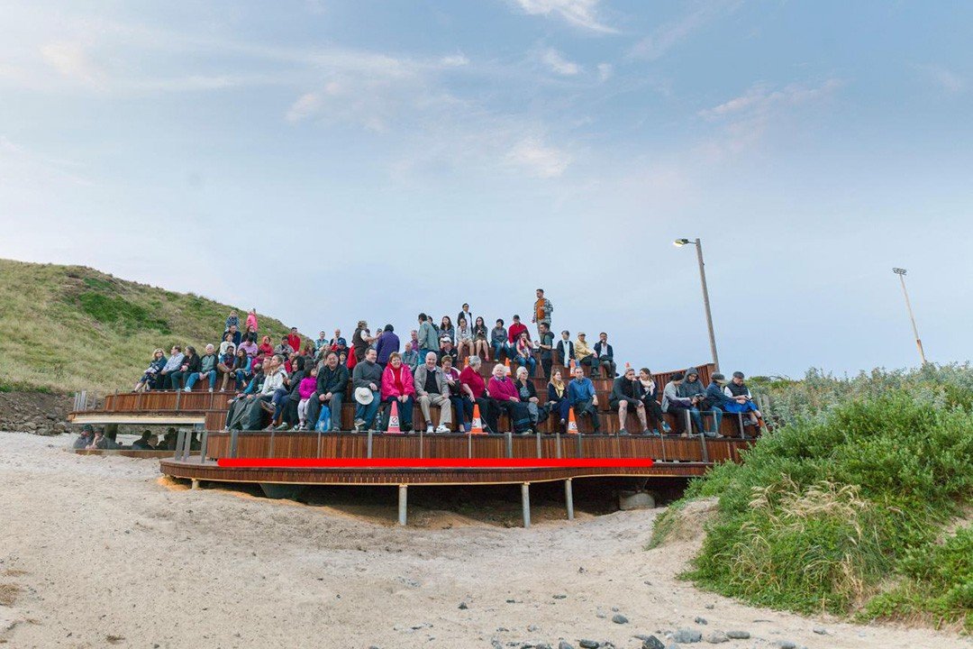 Visitors in outdoor clothing seated at the Penguins Plus grandstand.