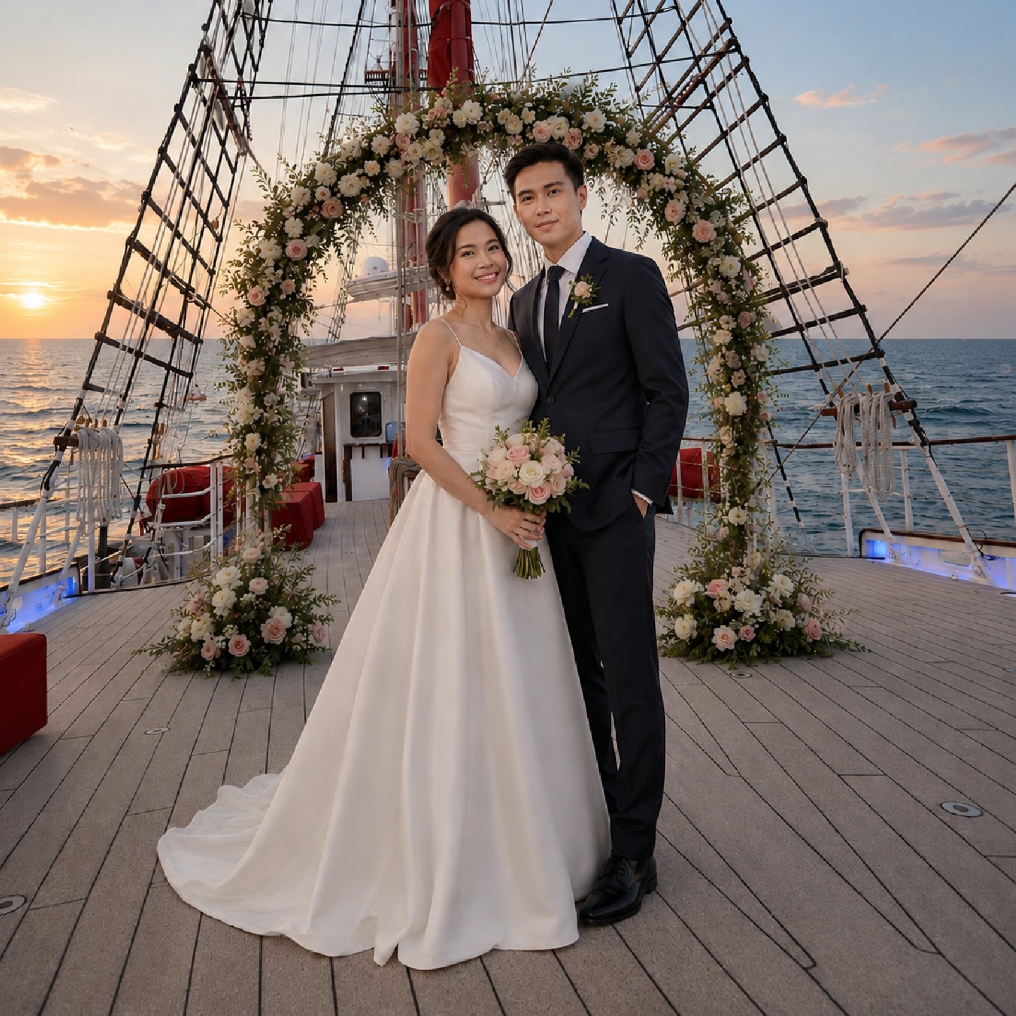Wedding couple beneath the rigging of Royal Albatross