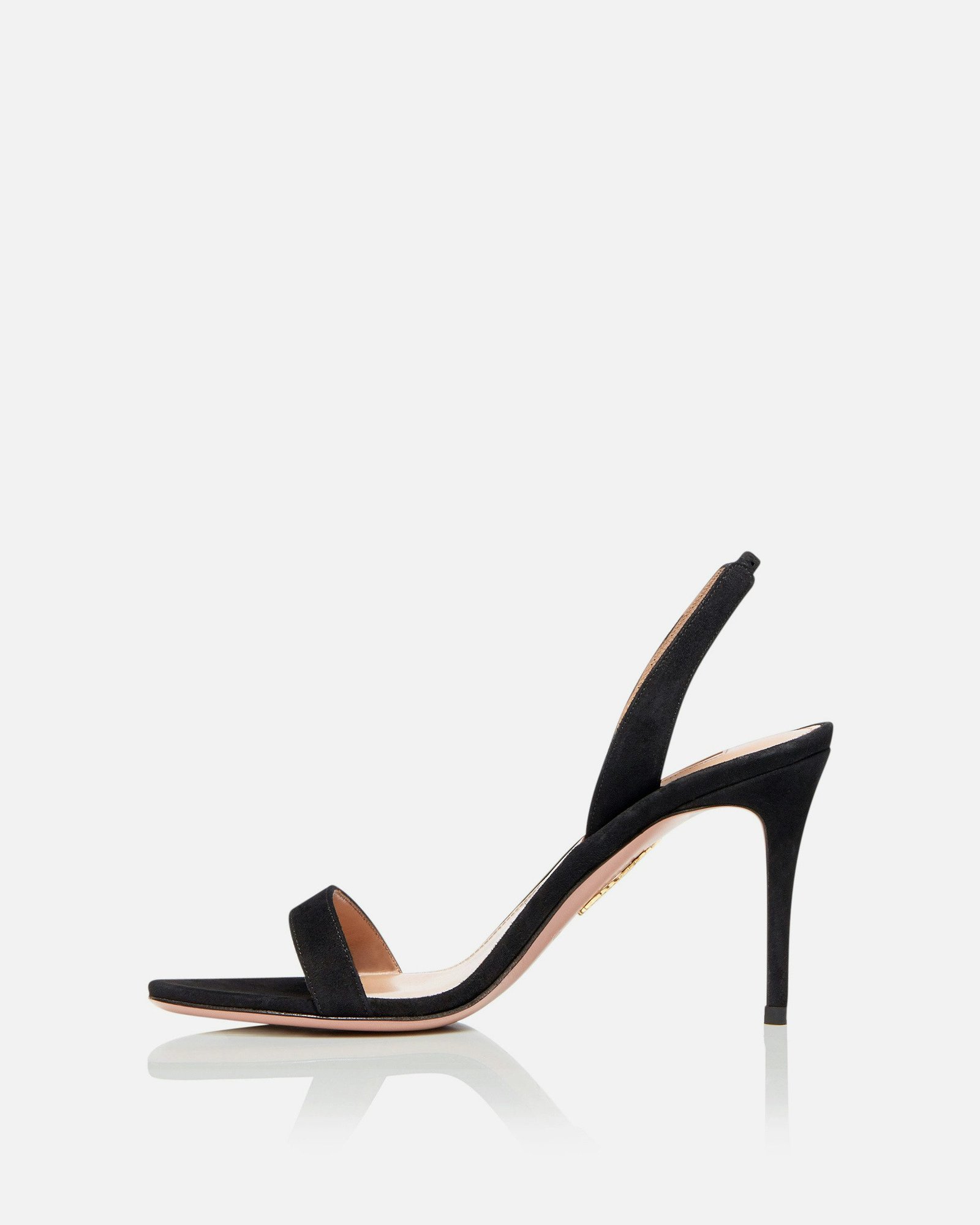 Profile of black Aquazzura So Nude Sandal 85.