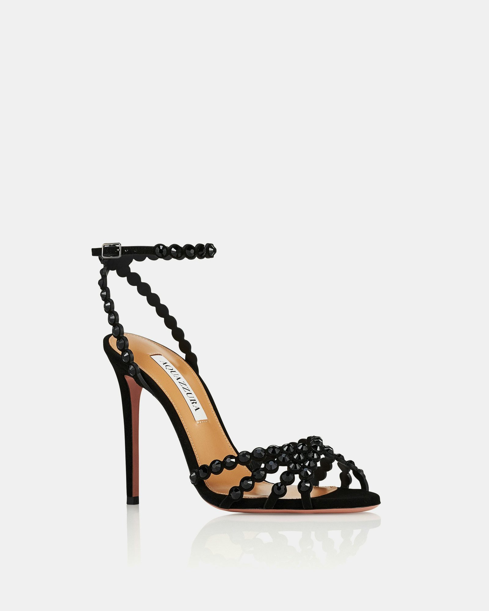 Black crystal-embellished Aquazzura Tequila Sandal 105.