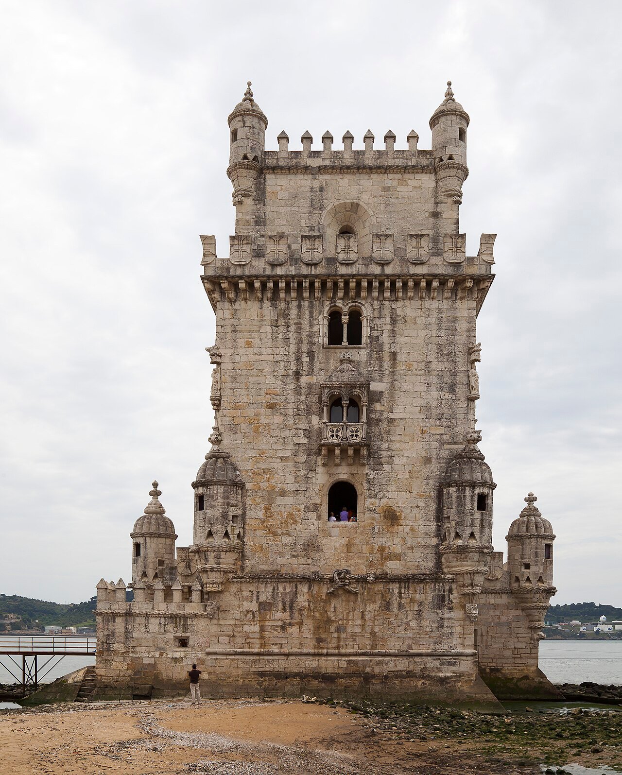 Belém Tower viewed from the surrounding waterfront.