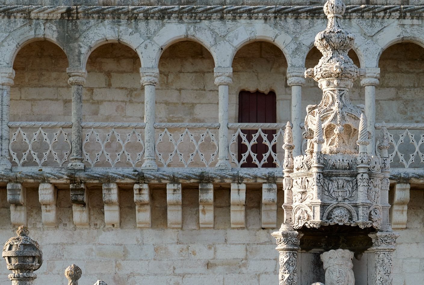 Carved stone ornament and arcades on Belém Tower.