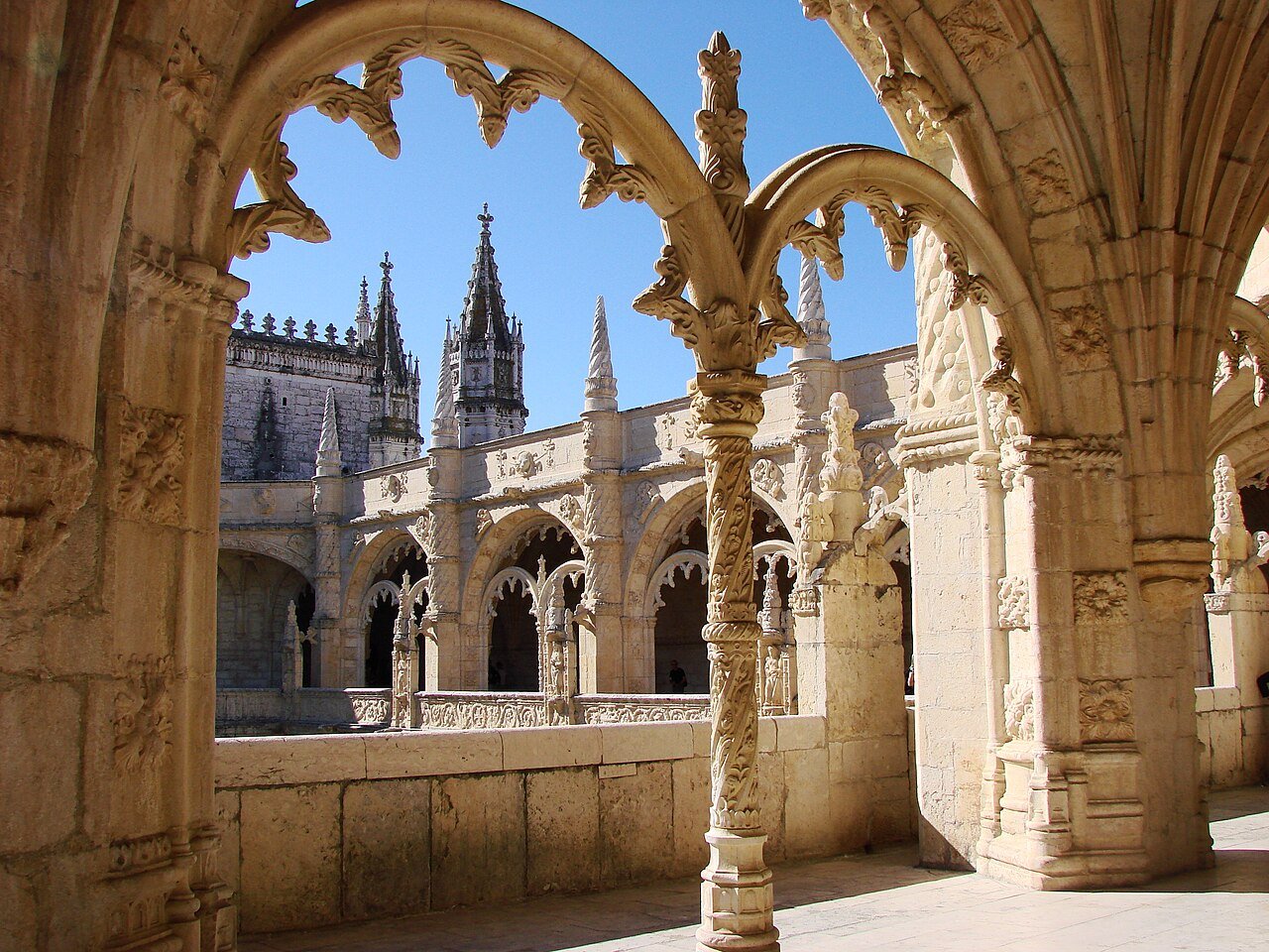 Jerónimos Monastery viewed from its ornate cloisters.
