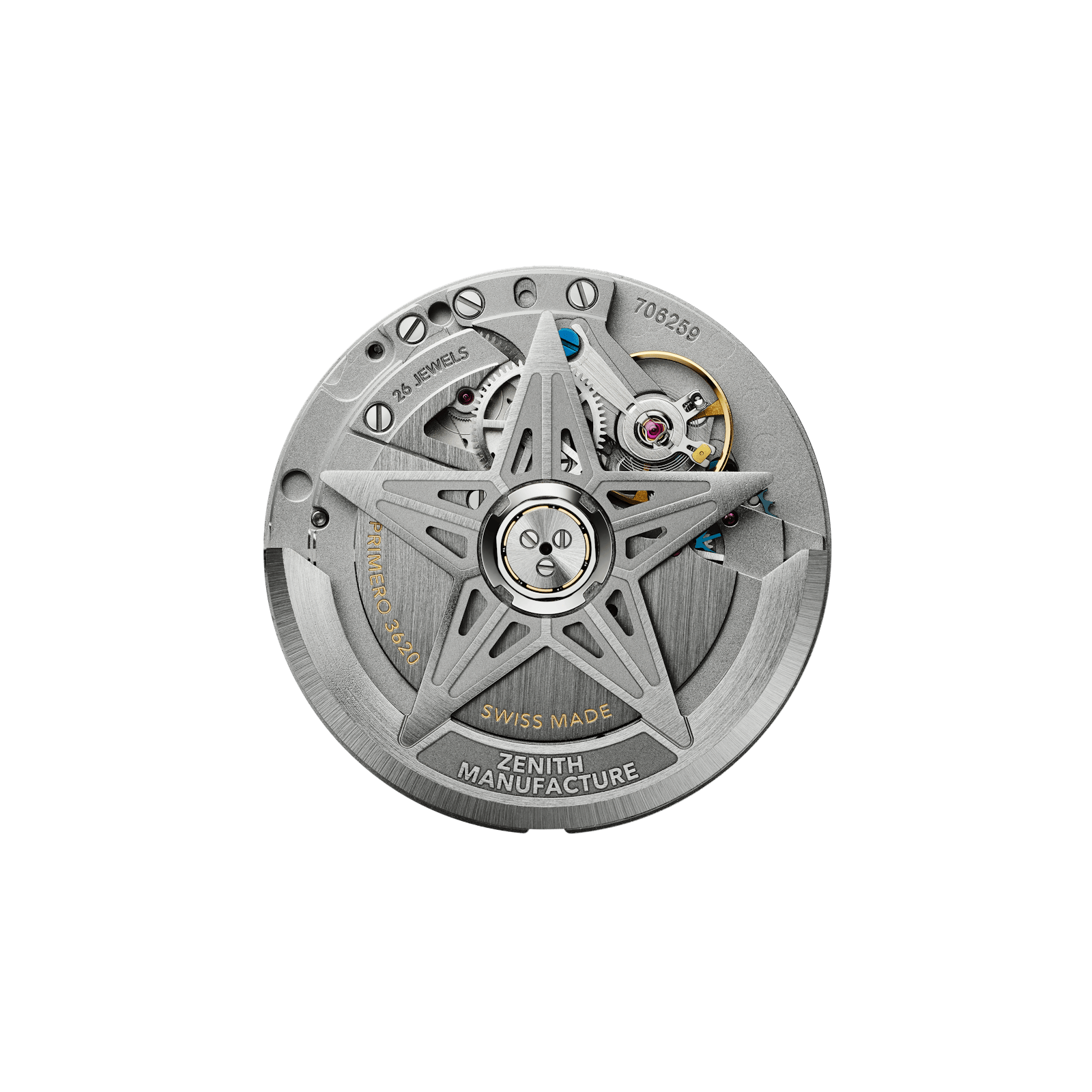 Zenith El Primero 3620 automatic movement with a star-shaped rotor.