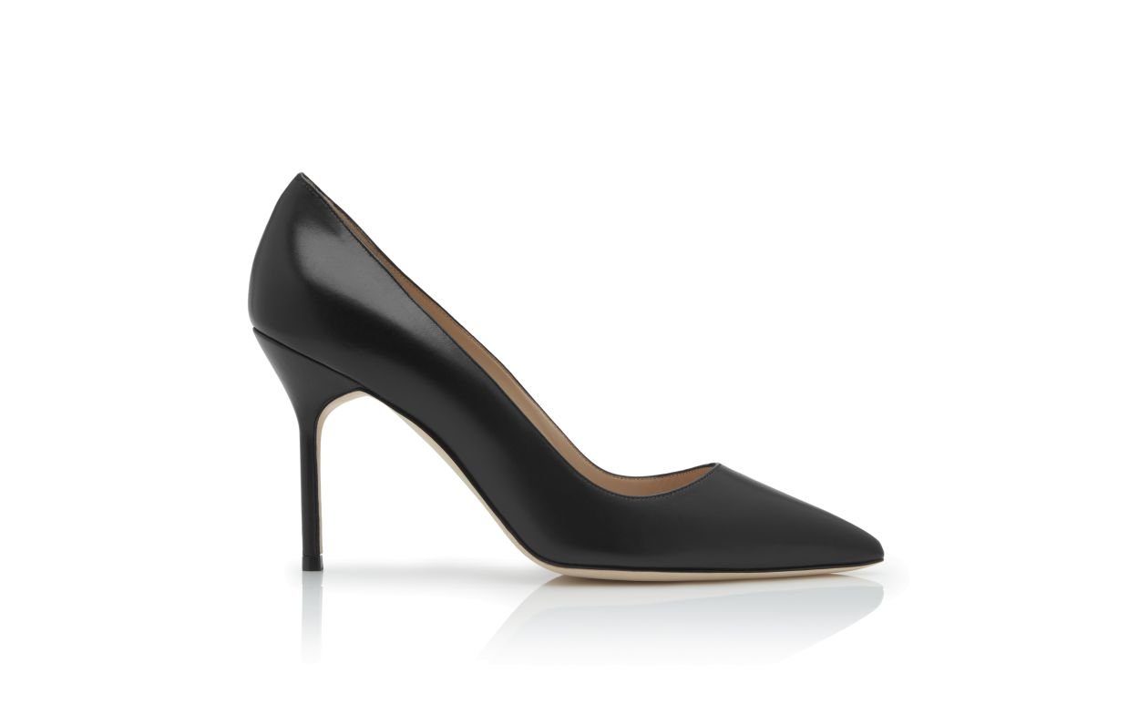 Black Manolo Blahnik BB Calf 90 pointed pumps in profile.