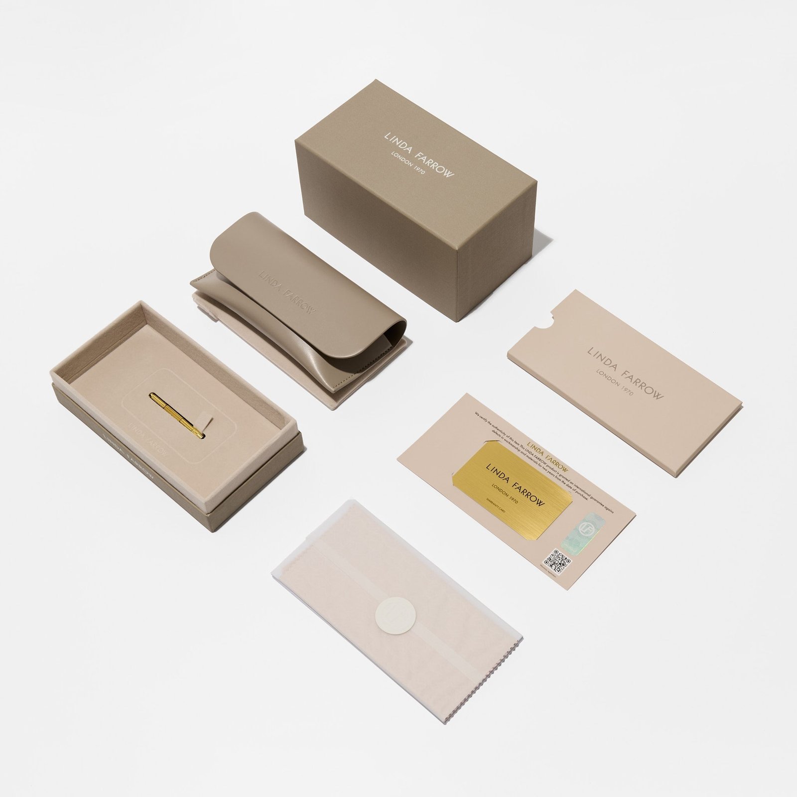 Linda Farrow protective case, presentation box and eyewear care accessories.