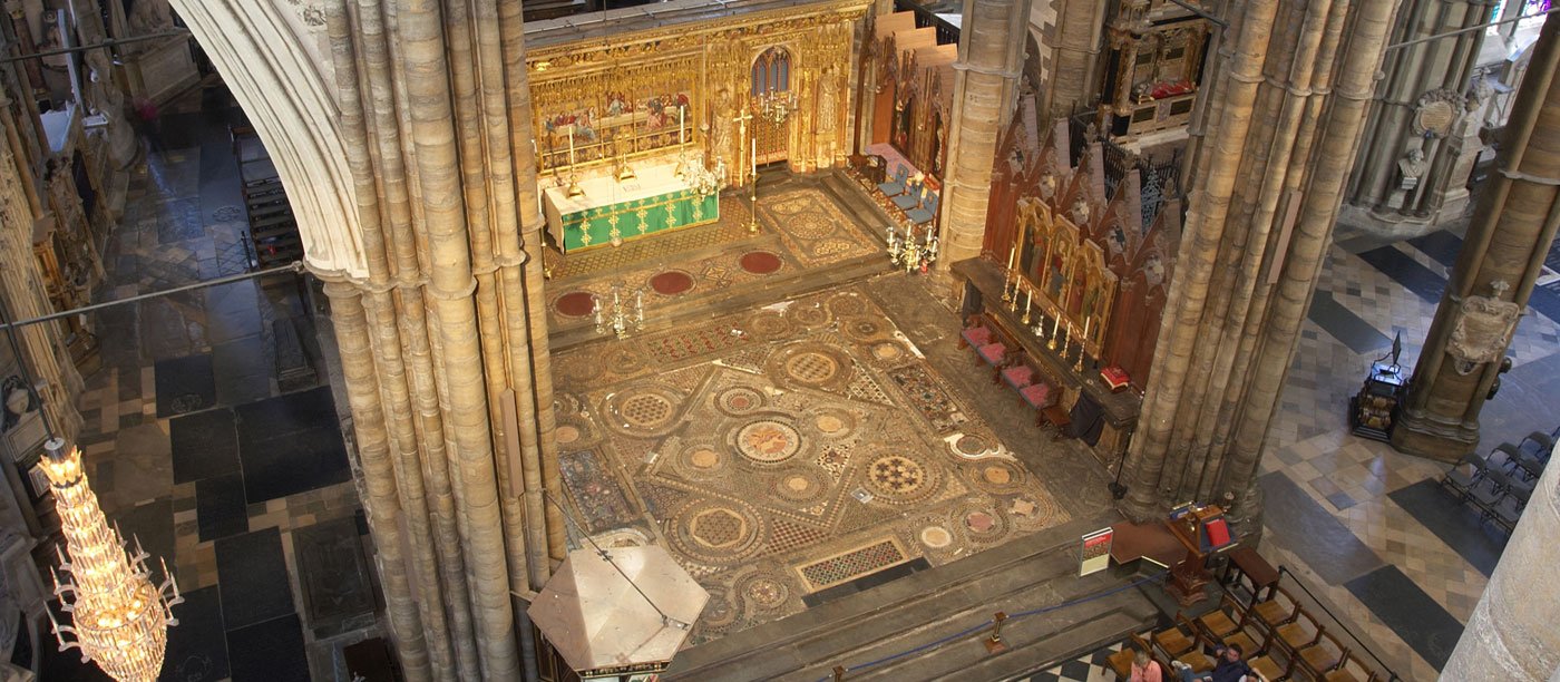 Elevated view of Westminster Abbey’s ornate coronation pavement and interior.
