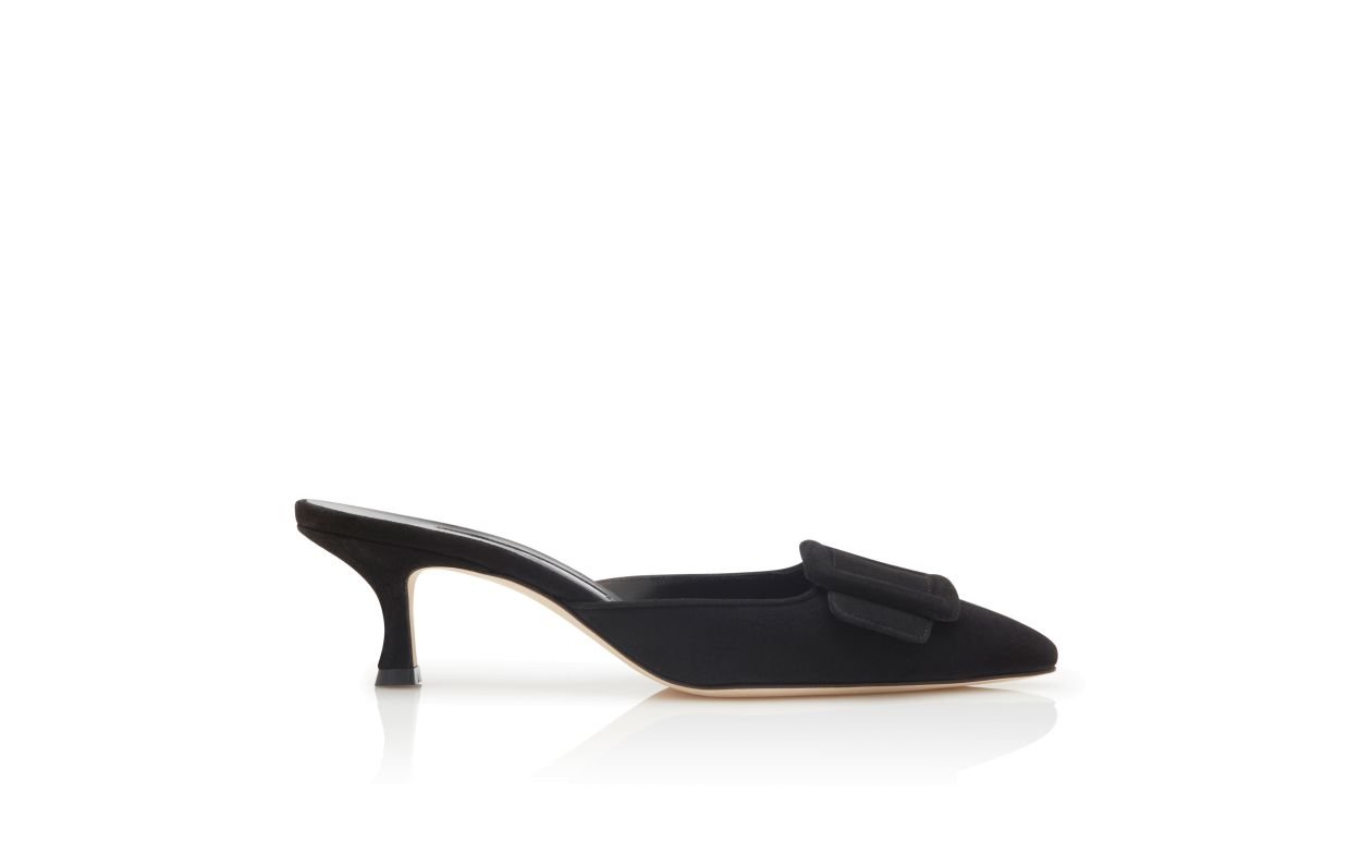 Side profile of the open-back Manolo Blahnik Maysale 50 mule.
