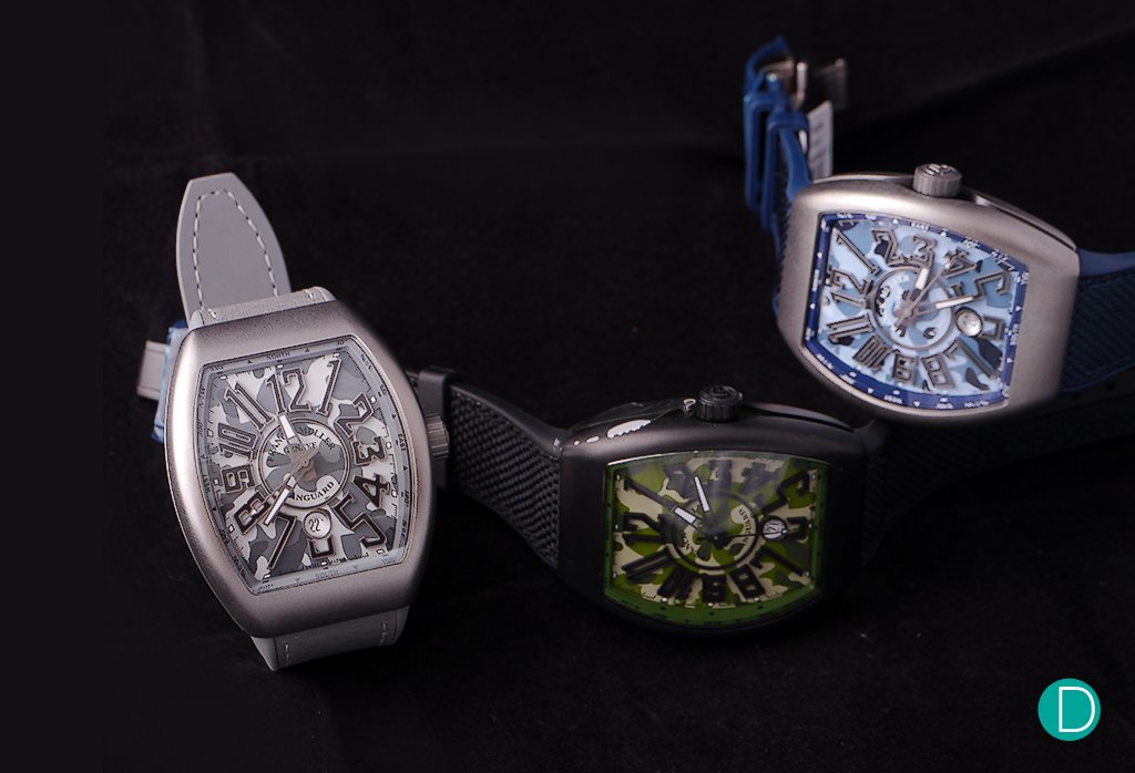 Three colour variations of the Franck Muller Vanguard Camouflage.