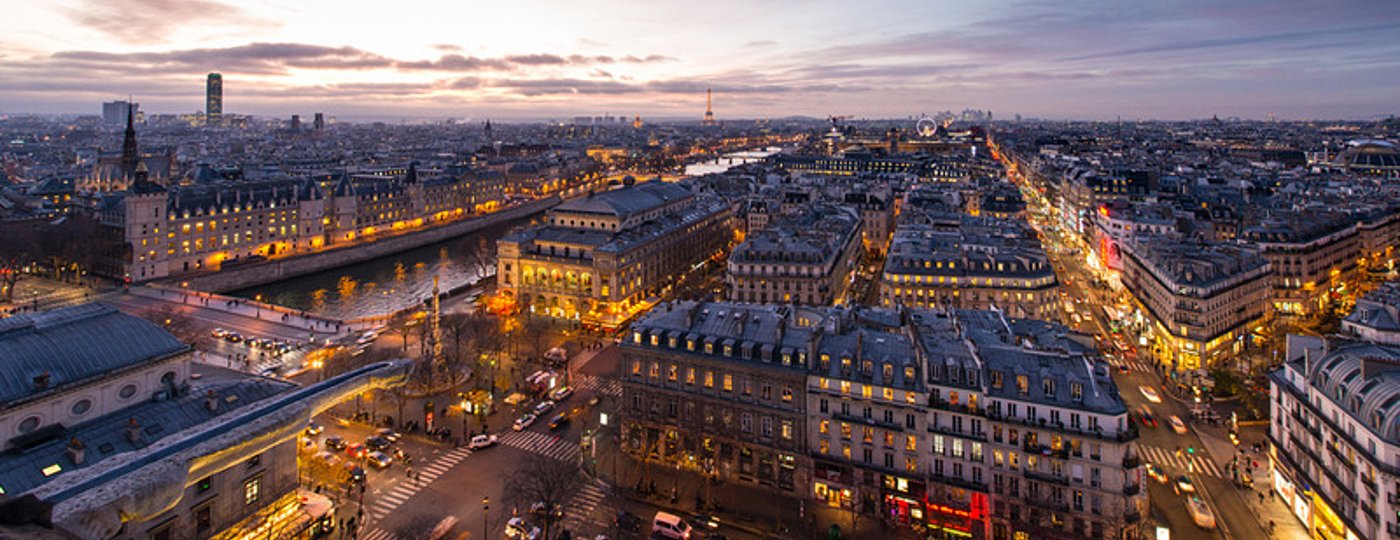 Paris rooftops and monuments in evening light.