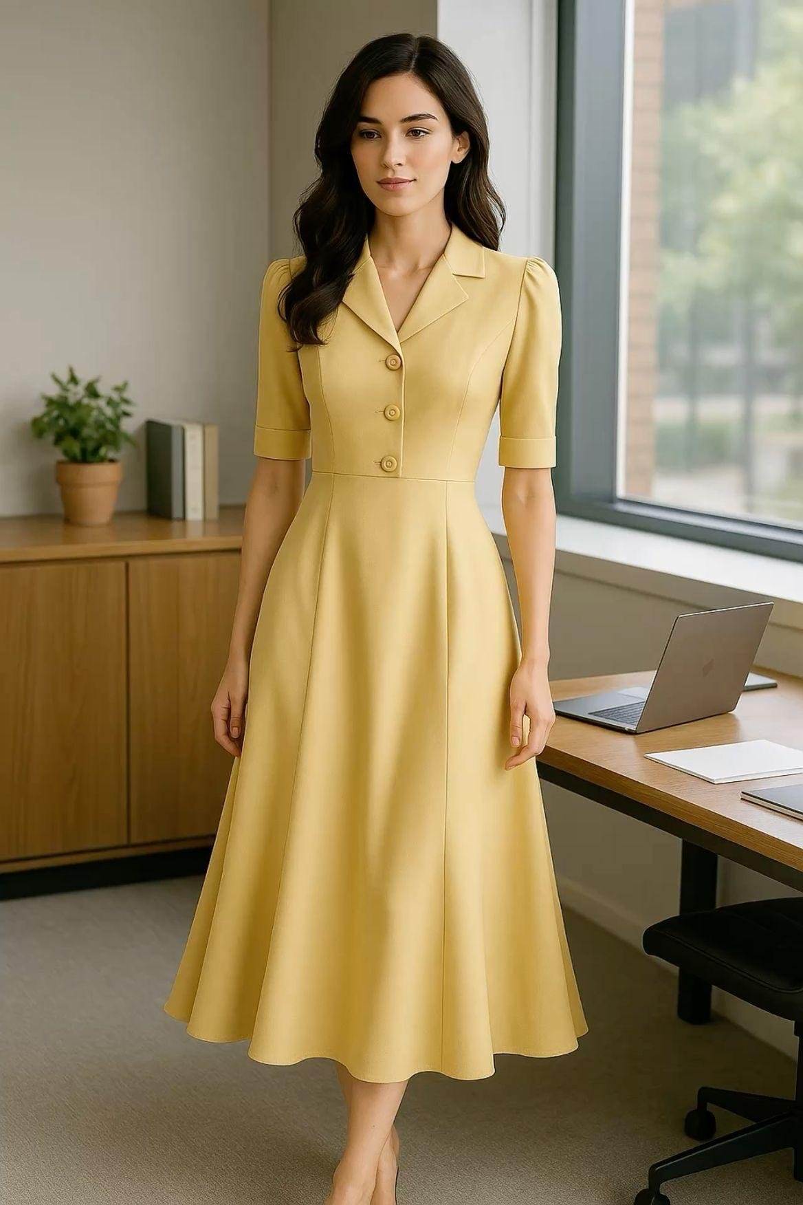 Woman wearing a sophisticated yellow A-line midi dress with a defined waist.
