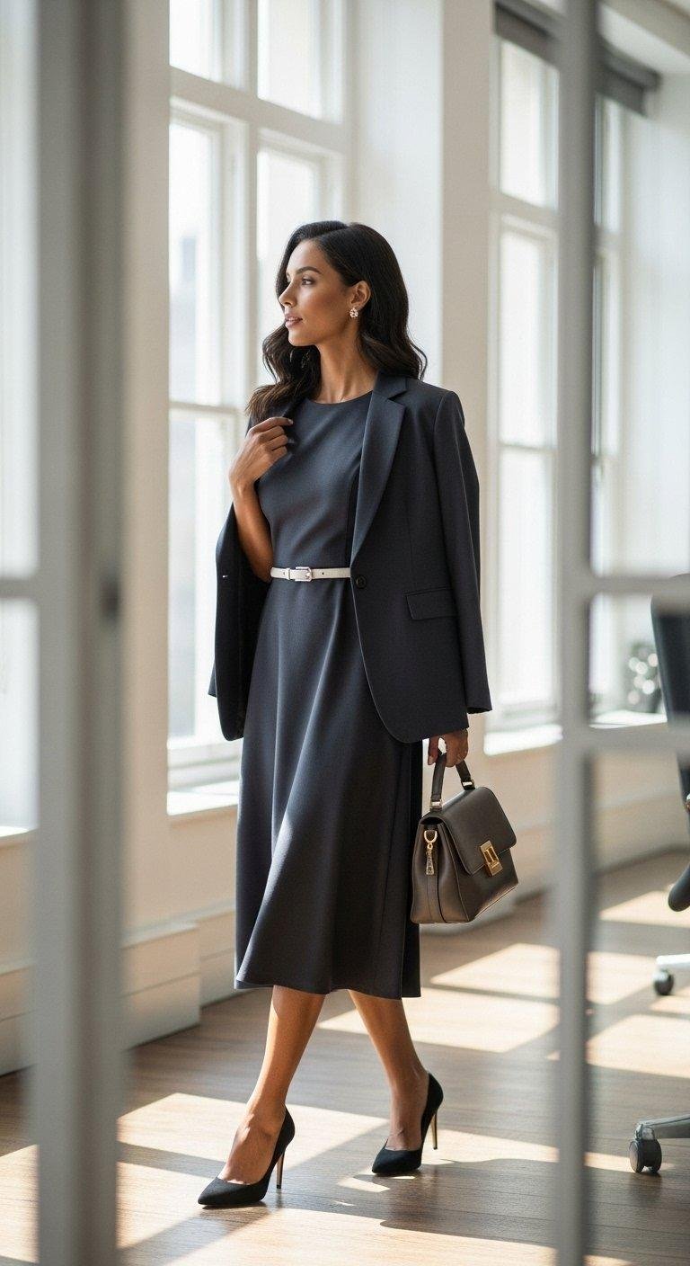 Woman wearing a tailored black midi dress and blazer in an office.