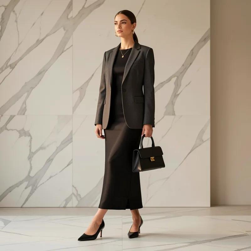 Woman wearing a black midi dress with a structured blazer and evening-ready accessories.