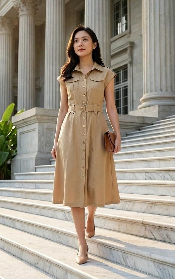 Woman wearing a belted neutral midi shirtdress outside a formal building.