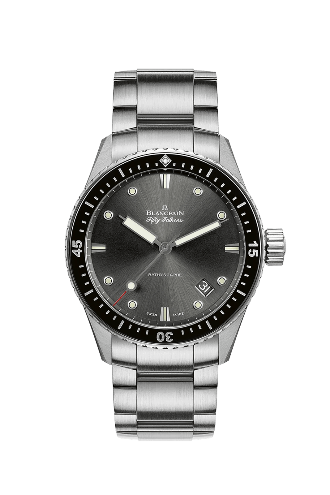 Grey-dial Blancpain Fifty Fathoms Bathyscaphe on a steel bracelet.