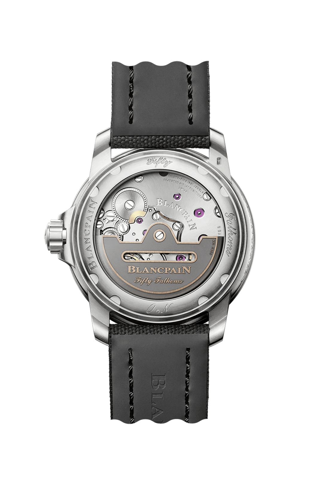 Calibre 1315 visible through the sapphire caseback of a Blancpain Fifty Fathoms Automatique.