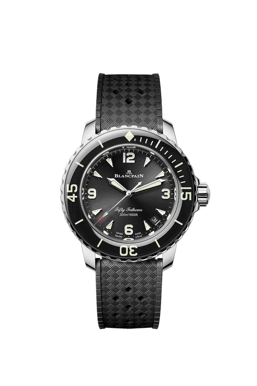 Black-dial Blancpain Fifty Fathoms Automatique on a textured rubber strap.