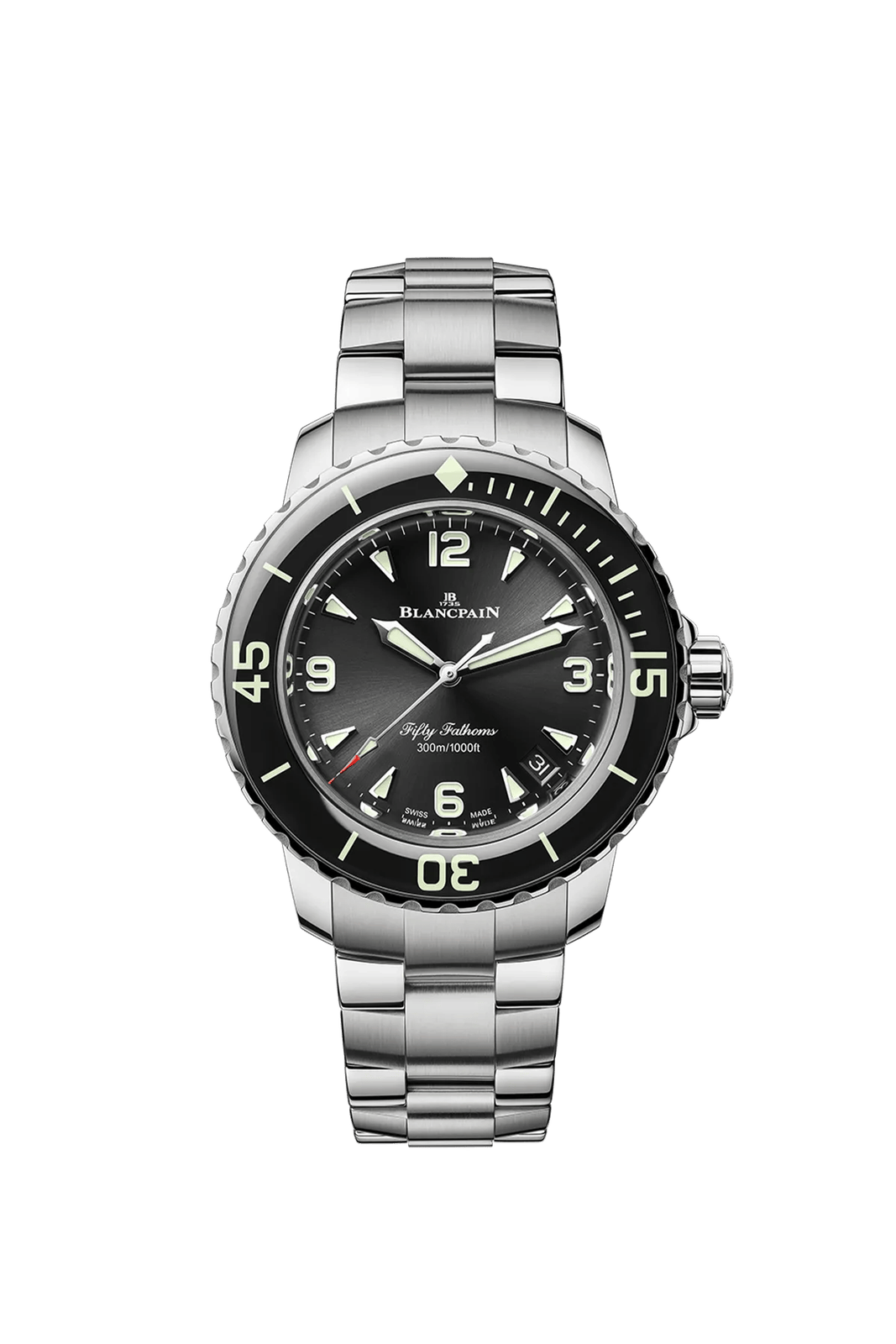 Black-dial 38.2 mm Blancpain Fifty Fathoms Automatique on a steel bracelet.