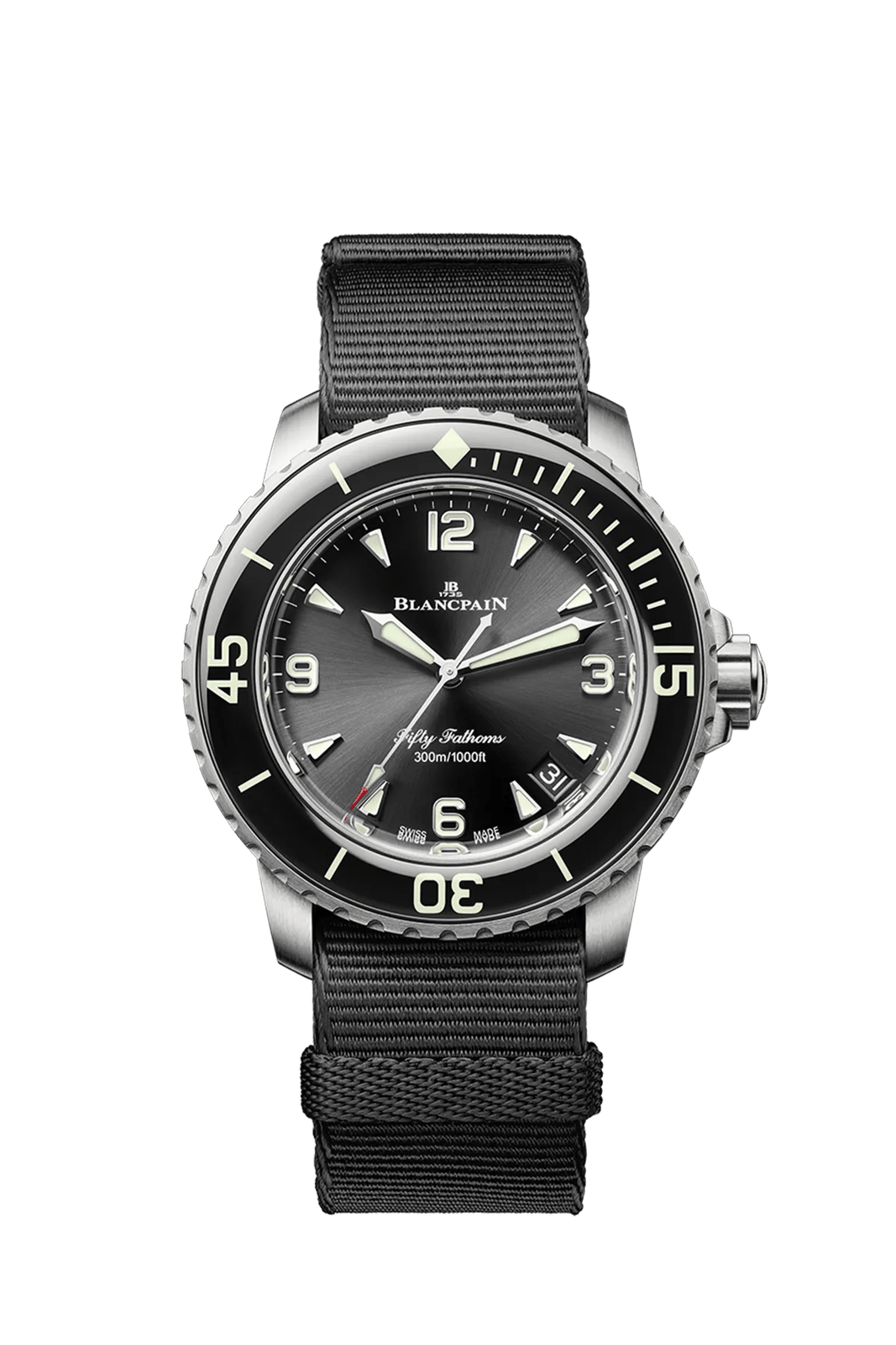 Blancpain Fifty Fathoms Automatique with a black dial and NATO strap.