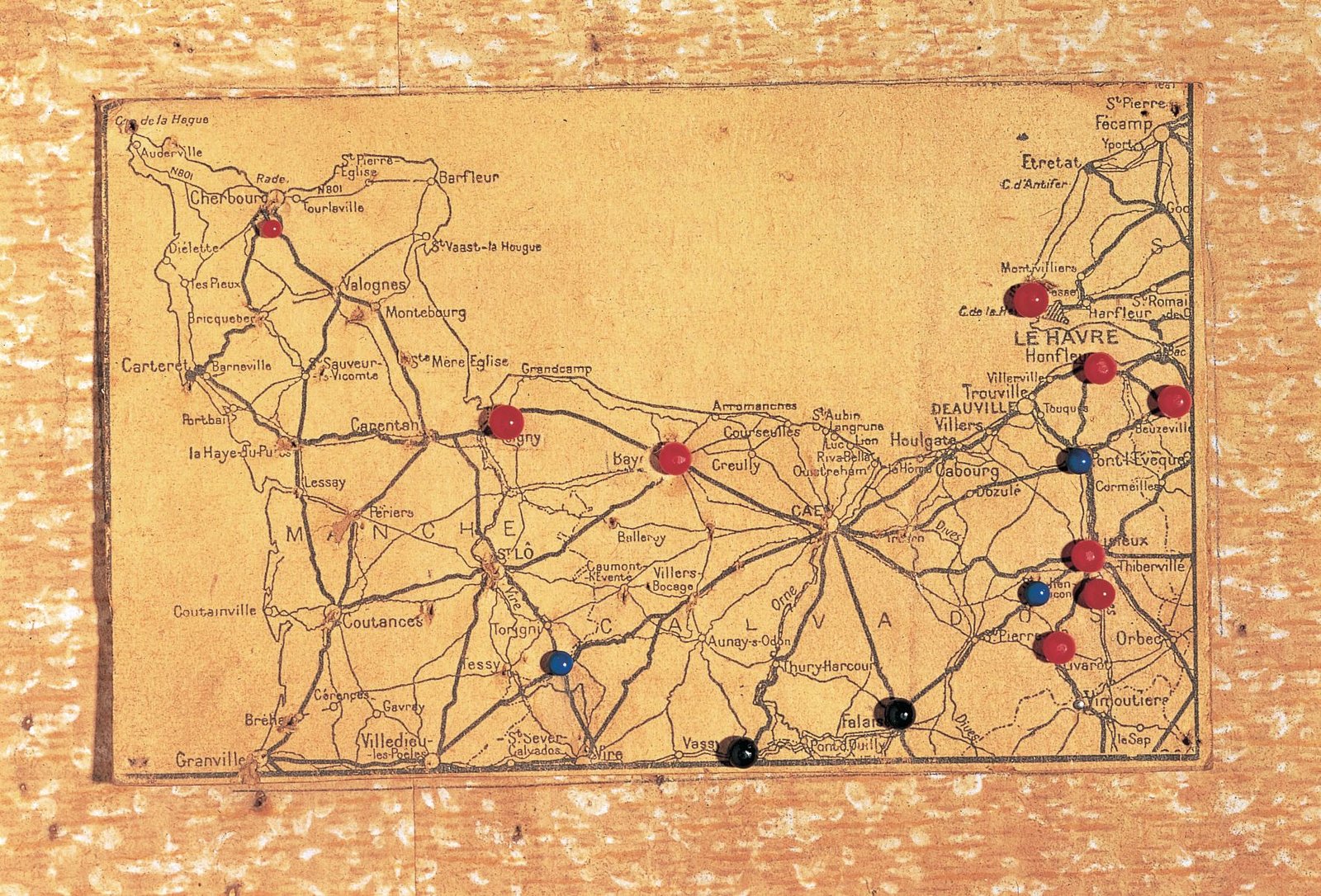 Map of Normandy preserved on a wall in the Frank family room.