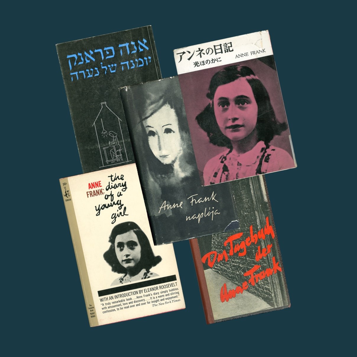 A collection of published editions of Anne Frank’s diary.