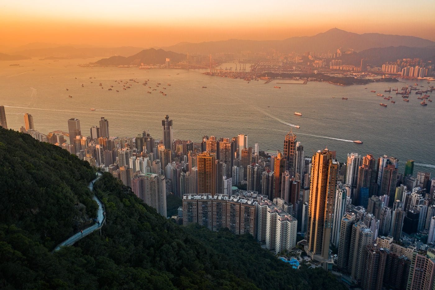 Warm evening light over Hong Kong and Victoria Harbour from the Peak.