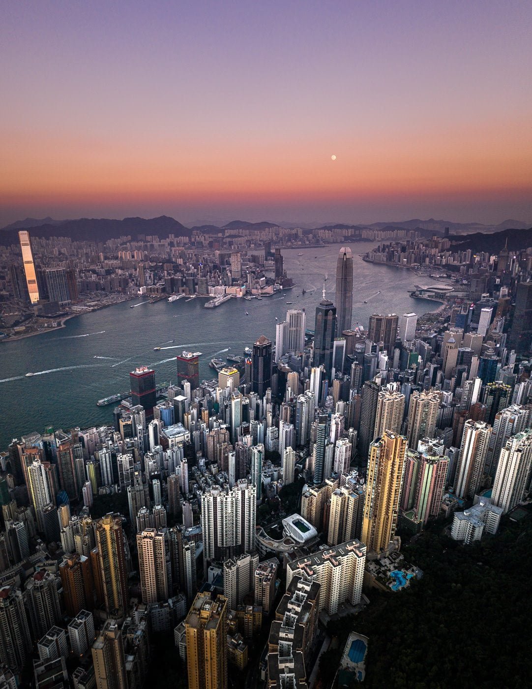 Victoria Harbour and Hong Kong’s towers at dusk from the Peak.
