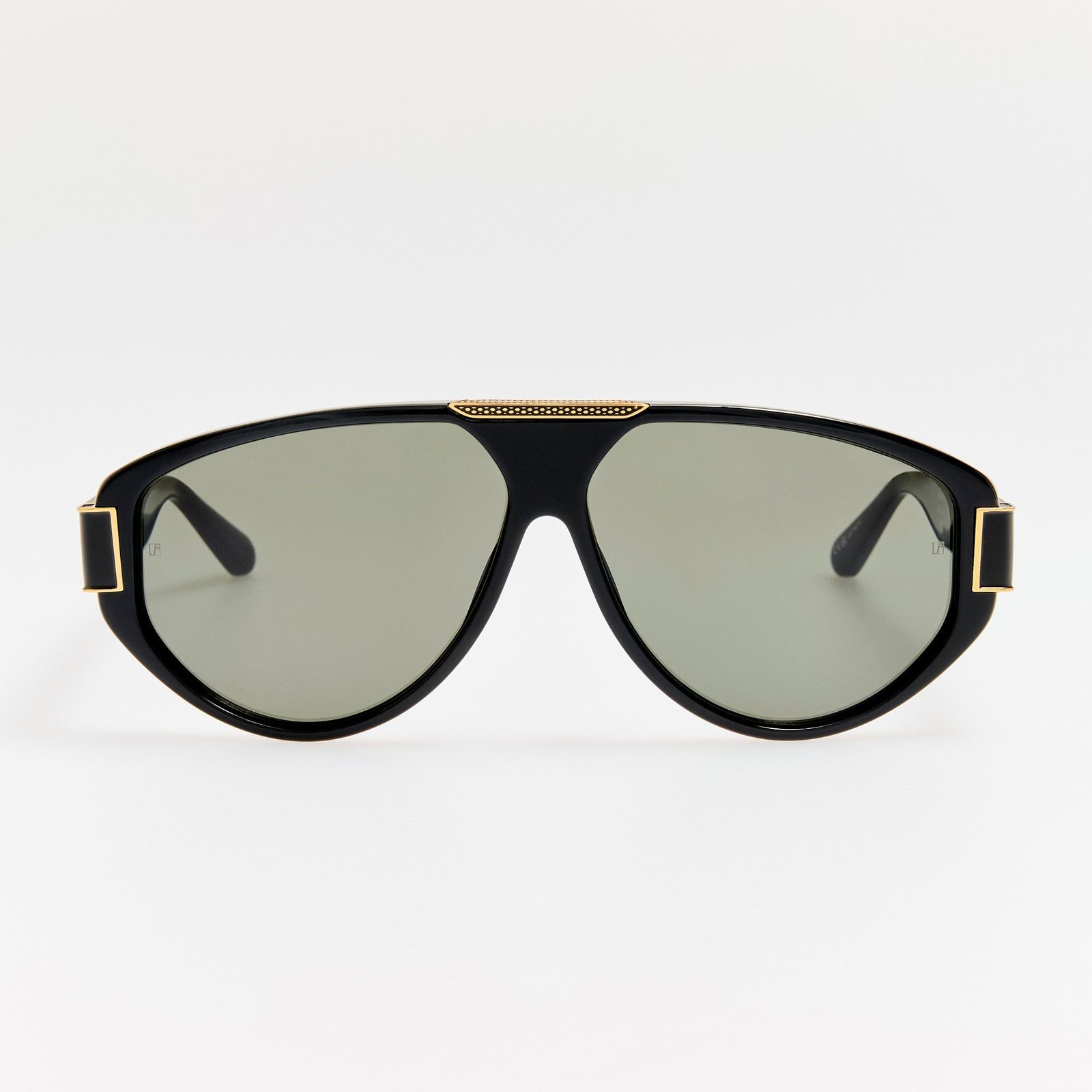 Front view of black Linda Farrow Rowan aviator sunglasses with decorative brow hardware.