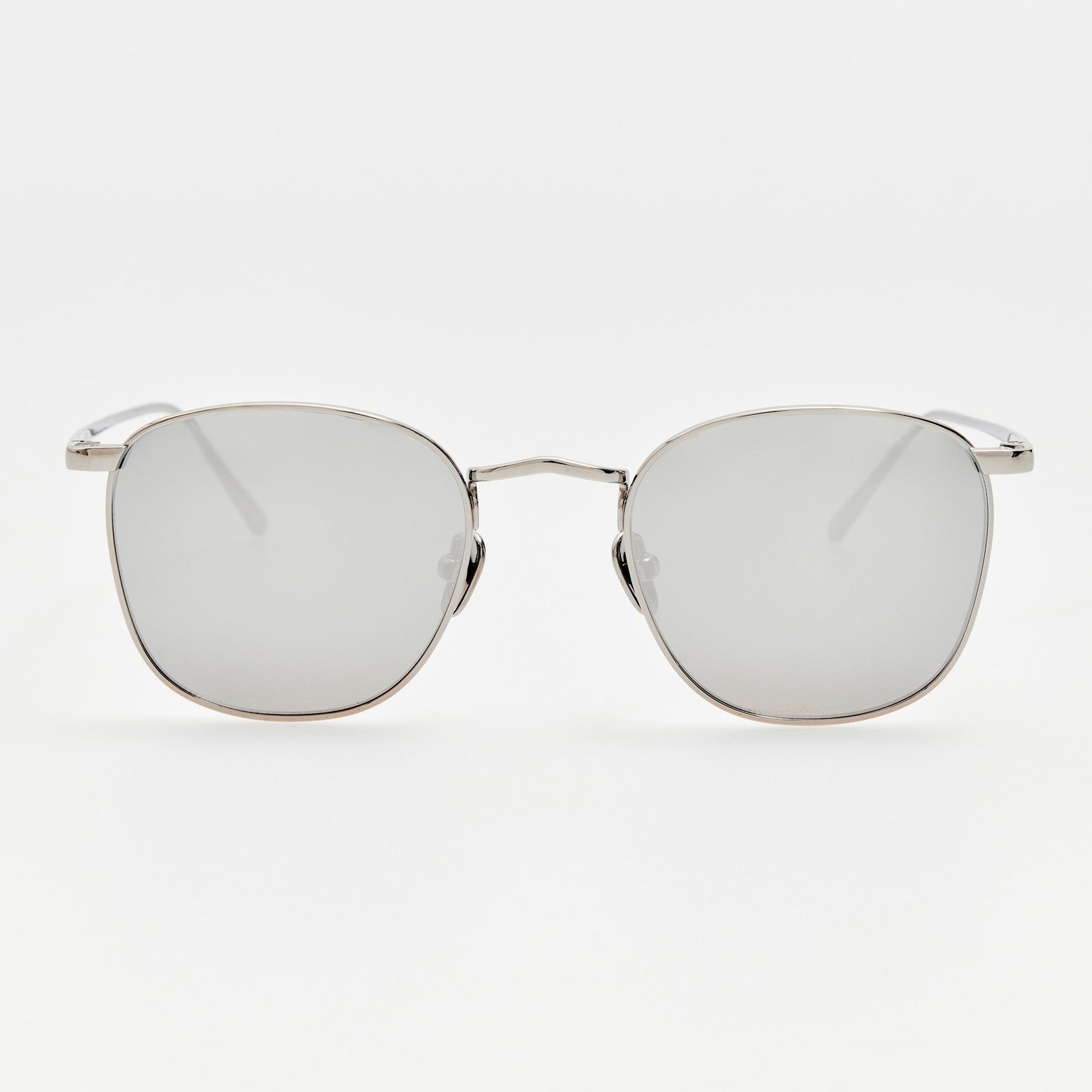 Linda Farrow Simon sunglasses with reflective lenses and a white-gold-tone square frame.