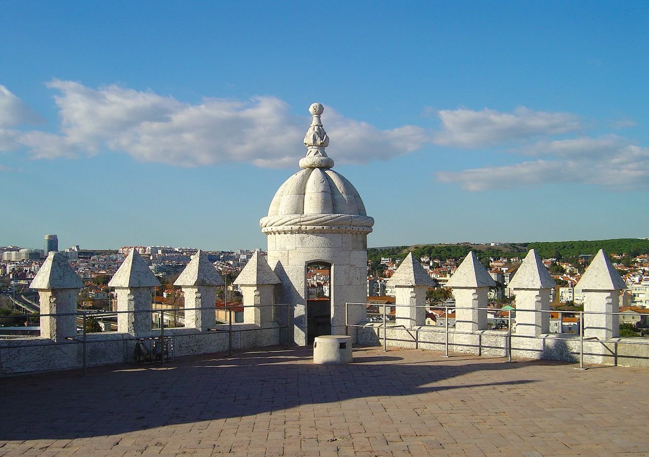 Open bastion terrace and decorative watchtower at Belém Tower.